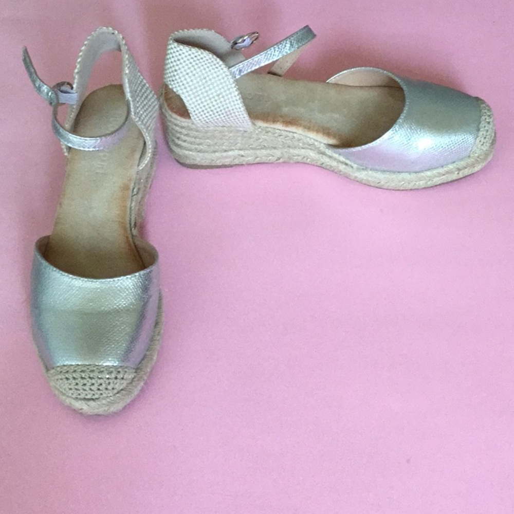 Metallic Silver Espadrille Wedge Sandals - Women